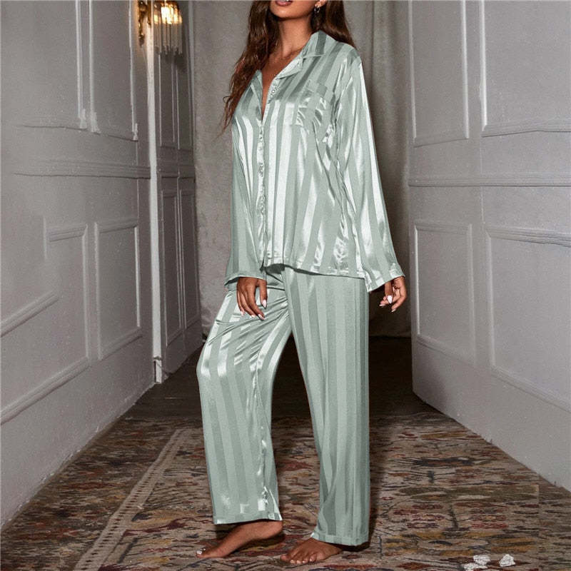 Seafoam striped satin pajama set full length front view with long sleeves