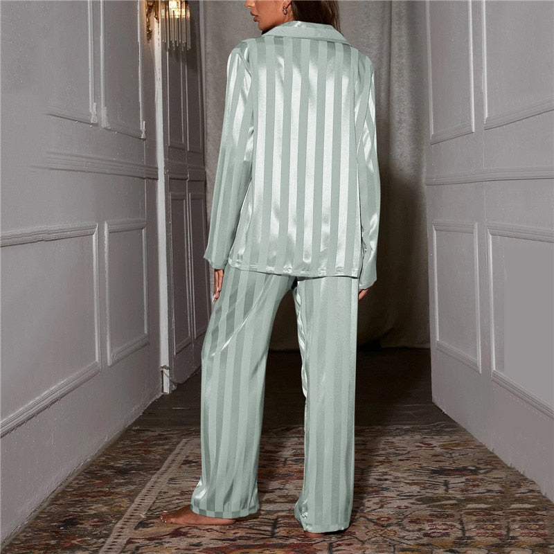 Seafoam striped satin pajama set back view showing vertical stripe pattern