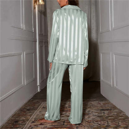 Seafoam striped satin pajama set back view showing vertical stripe pattern