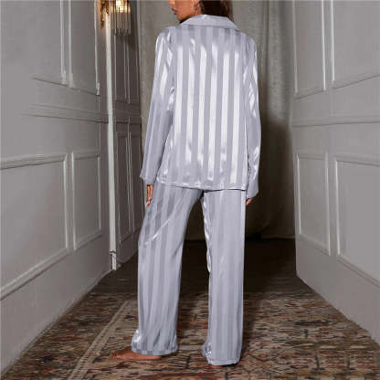 Lavender striped satin pajama set back view showing vertical stripe pattern