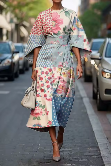 Mixed print floral midi dress with sash-tie waist and draped sleeves