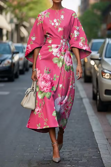 Hot pink floral midi dress with wrap detail and kimono sleeves for women