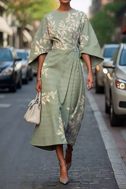 Sage green botanical midi dress with wrap waist and flowing sleeves