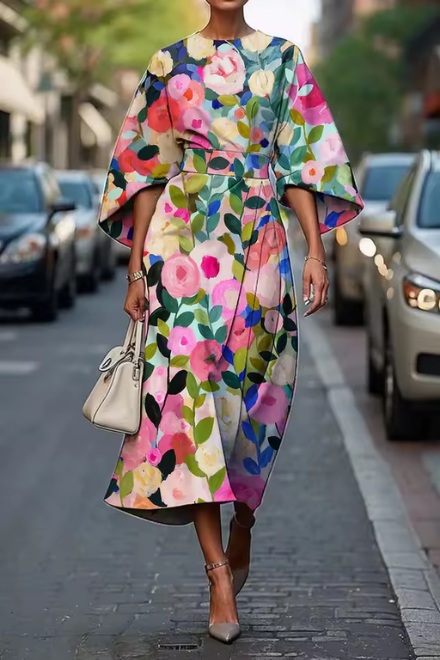 Multicolor floral midi dress with kimono sleeves and wrap waist for women