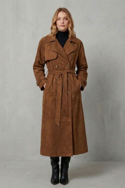 Savannah Suede Double Breasted Belted Trench Coat