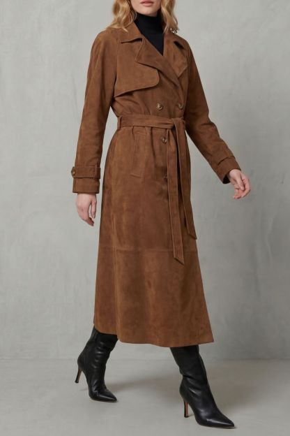 Savannah Suede Double Breasted Belted Trench Coat