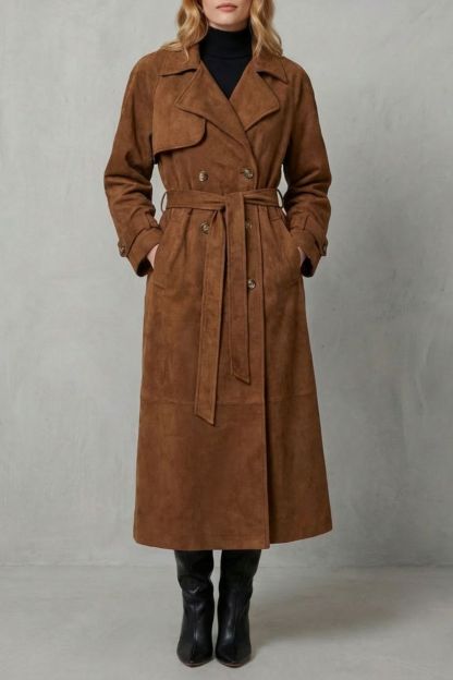 Savannah Suede Double Breasted Belted Trench Coat