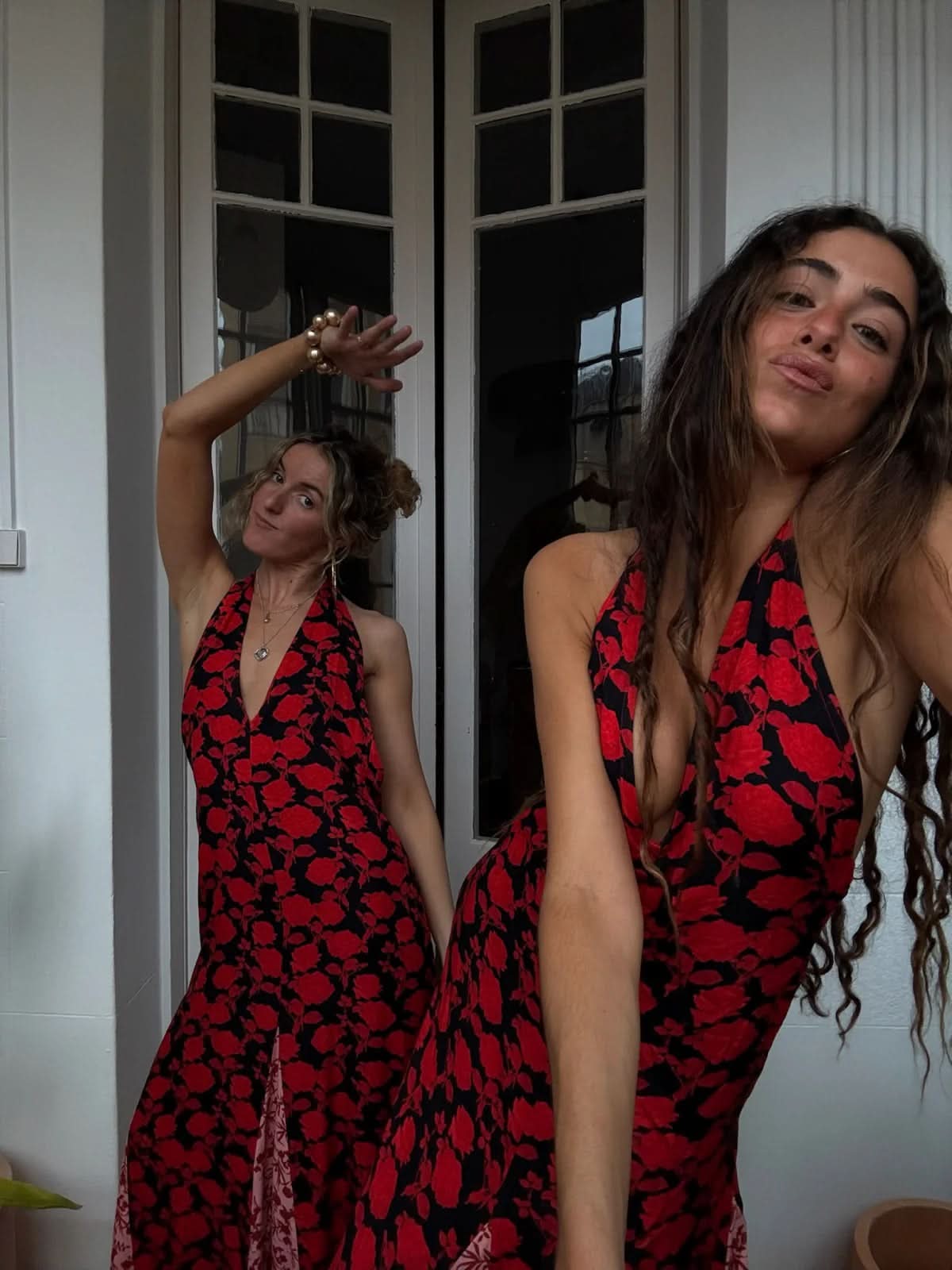 Red floral backless maxi dress front view with deep v-neckline