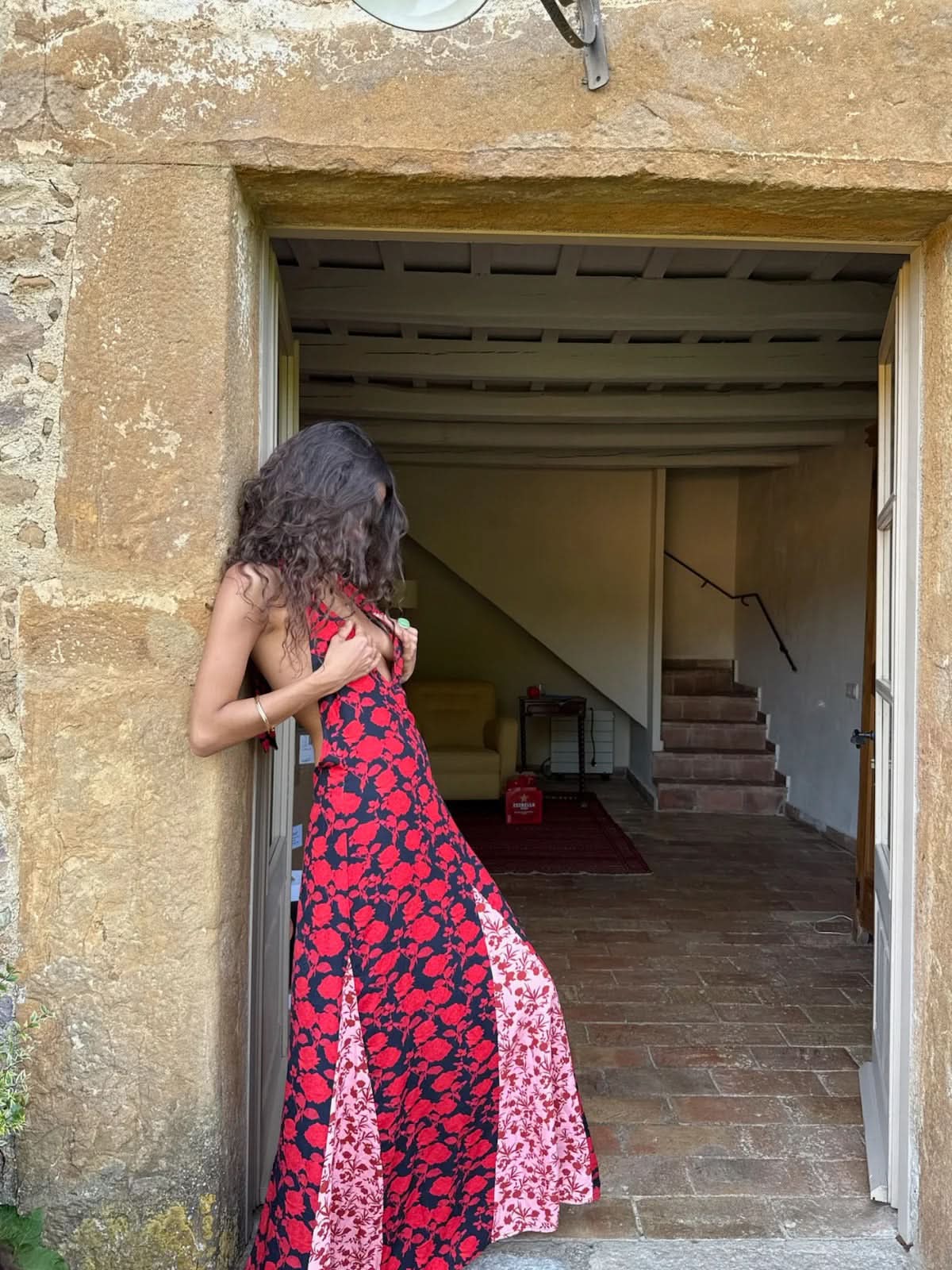 Cream polka dot backless maxi dress rear view showing bare back