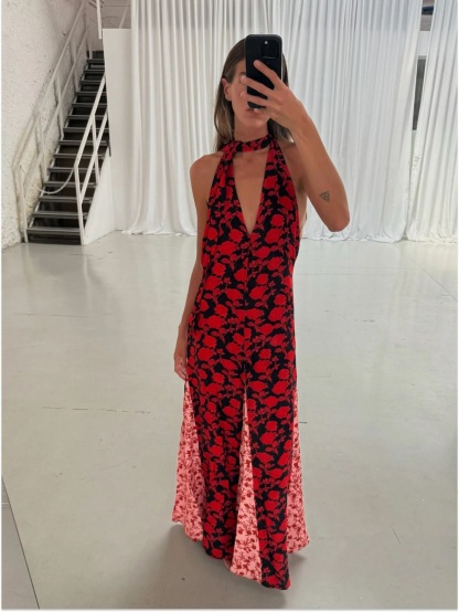 Red and black floral halter maxi dress with open back
