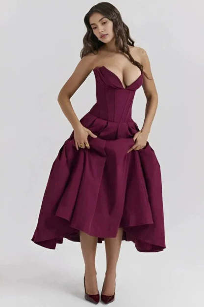 Burgundy sweetheart corset midi dress with voluminous high-low skirt