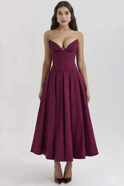 Plum strapless corset midi dress with structured bodice and full A-line skirt