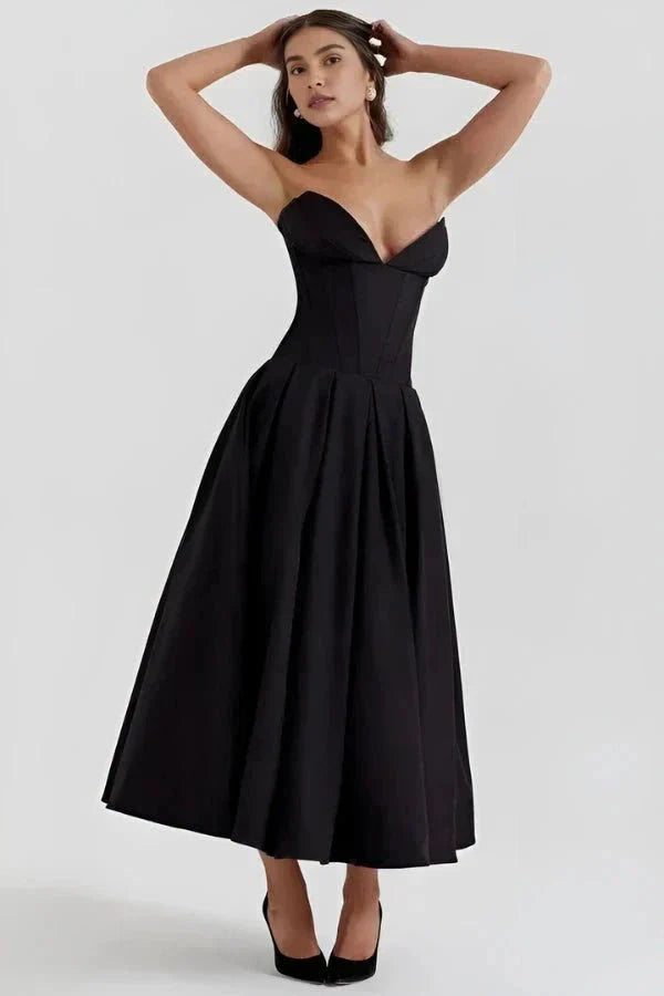 Black strapless corset midi dress with sweetheart neckline and full skirt