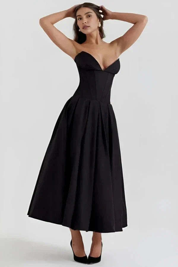 Black strapless corset midi dress with sweetheart neckline and full skirt