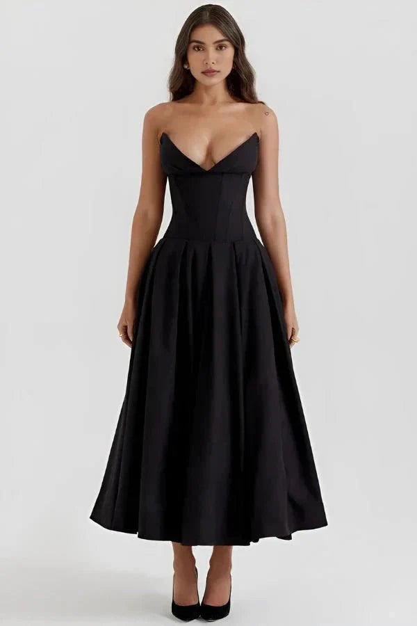 Black corset midi dress front view with structured bodice and pleated skirt