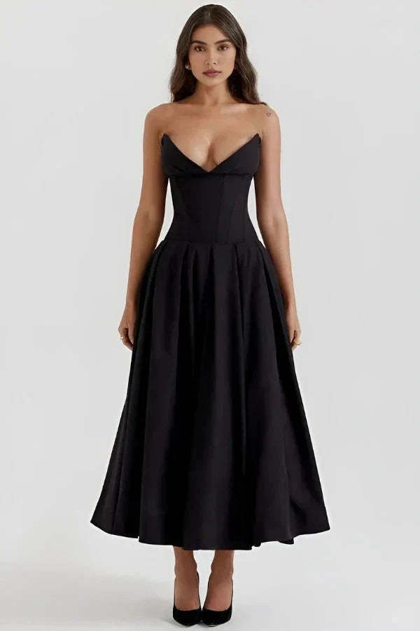 Black corset midi dress front view with structured bodice and pleated skirt
