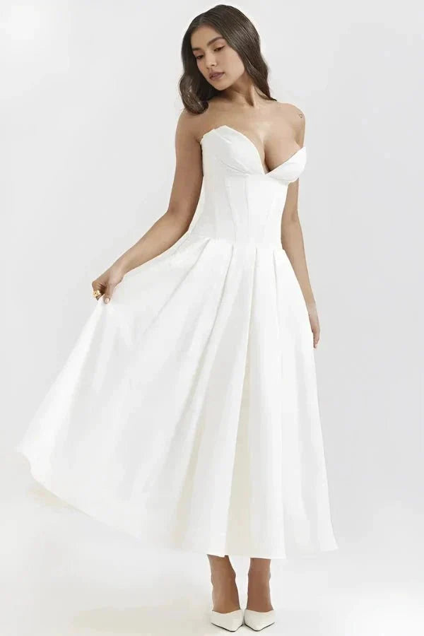 Off-white corset midi dress with draped sweetheart bodice and pleated skirt