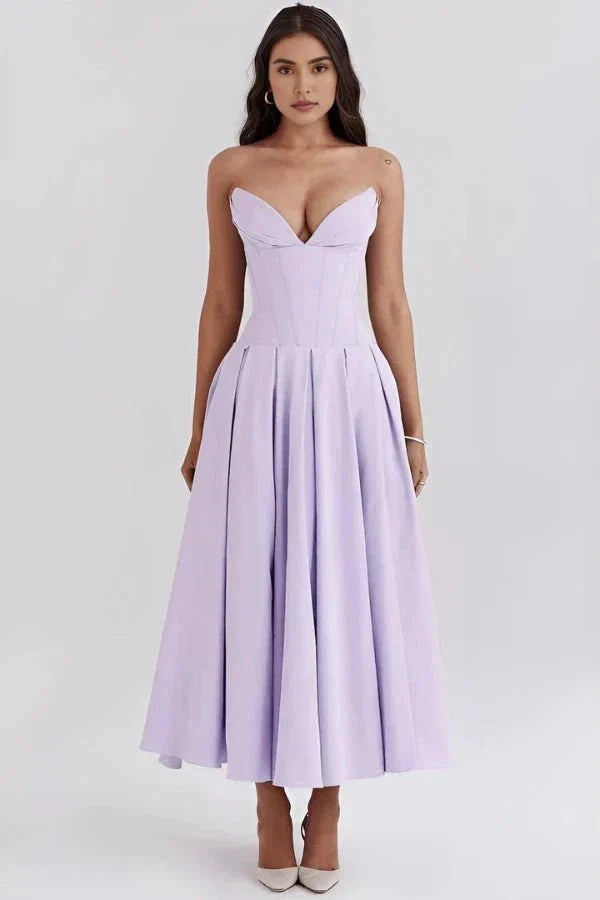 Lilac strapless corset midi dress with sweetheart neckline and pleated skirt detail