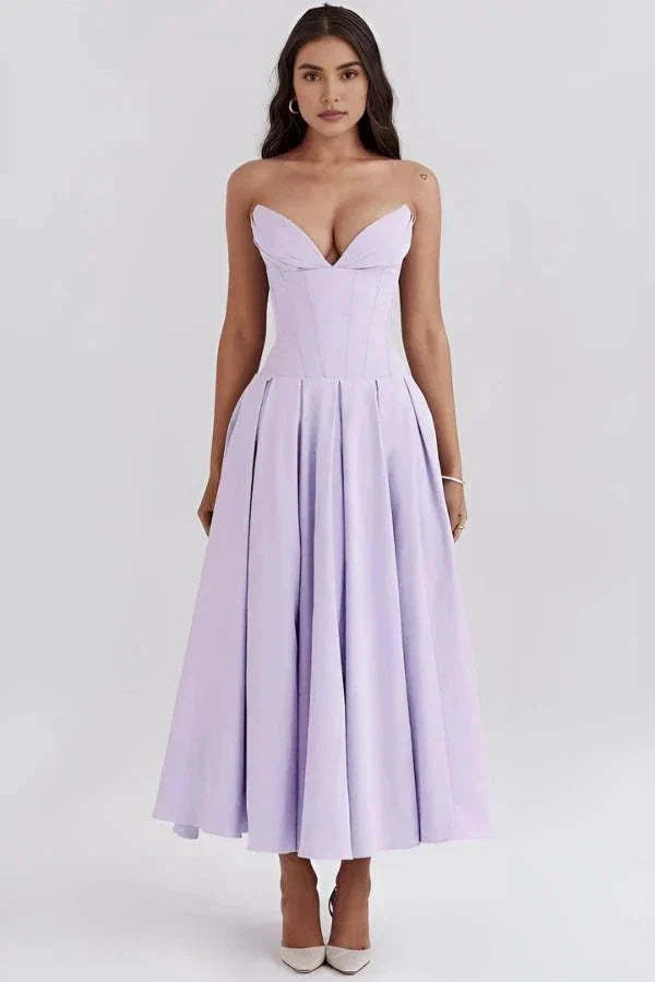 Lilac strapless corset midi dress with sweetheart neckline and pleated skirt detail