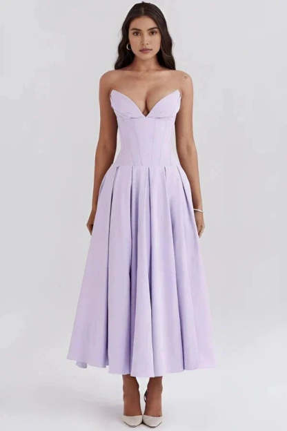 Lilac strapless corset midi dress with sweetheart neckline and pleated skirt detail