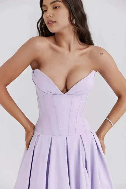 Close-up of lavender corset bodice with structured boning and sweetheart neckline