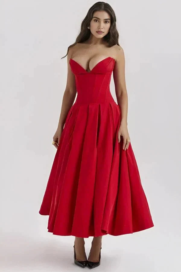 Red strapless corset midi dress with sweetheart neckline and full A-line skirt