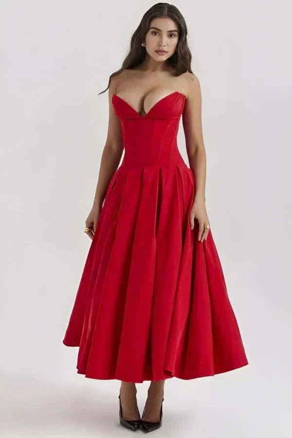 Red strapless corset midi dress with sweetheart neckline and full A-line skirt