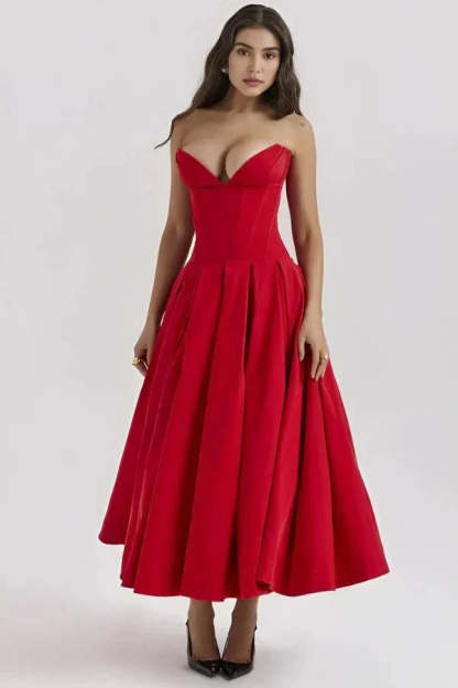 Red strapless corset midi dress with sweetheart neckline and full A-line skirt