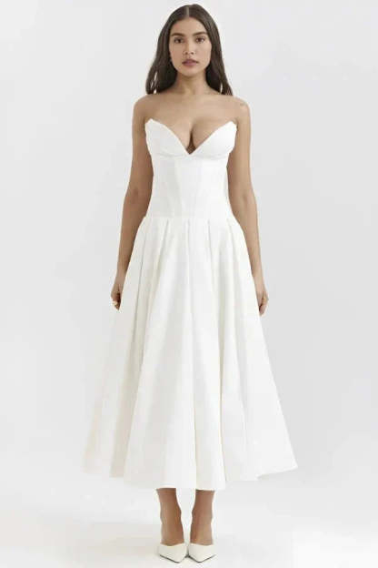 White strapless corset midi dress with sweetheart neckline and full skirt