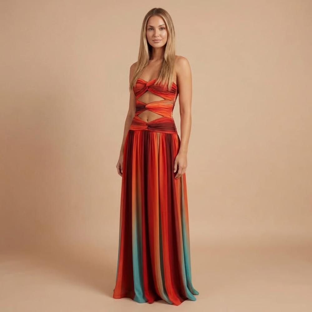 Strapless ombre maxi dress with gradient color transition and cutout waist detail