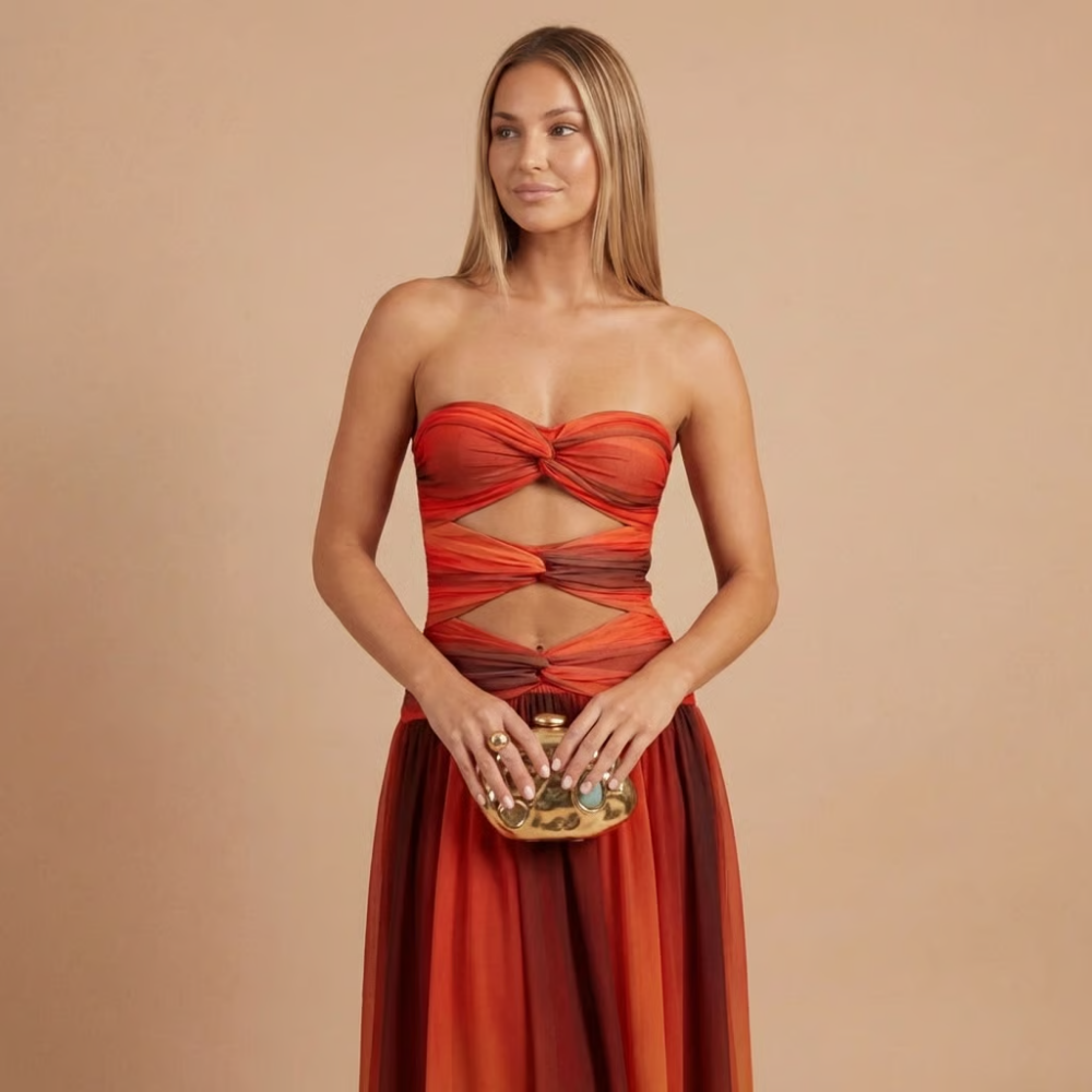 Red to teal ombre formal maxi dress with twisted cutout bodice and sweetheart neckline