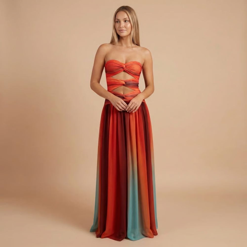 Red ombre maxi dress with sweetheart neckline and twisted cutout bodice for women