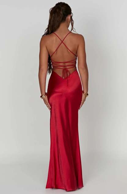 Back view of red satin maxi dress with crisscross straps
