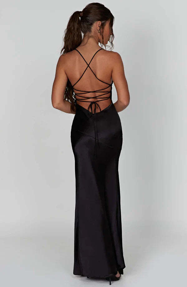 Women's Cocktail Satin V Neck Maxi Dress With Slit