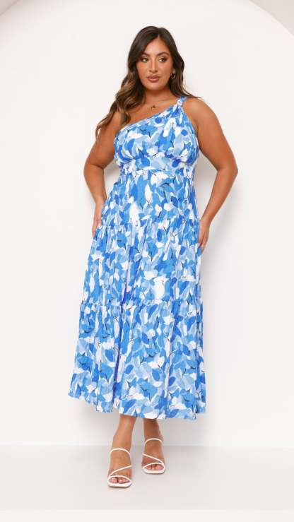 Blue abstract print sleeveless tiered midi dress with cinched waist