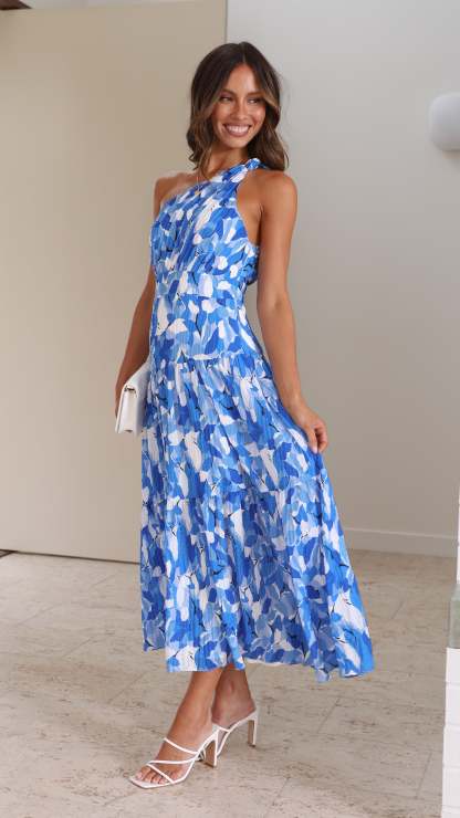 One-shoulder blue and white tiered midi dress side view