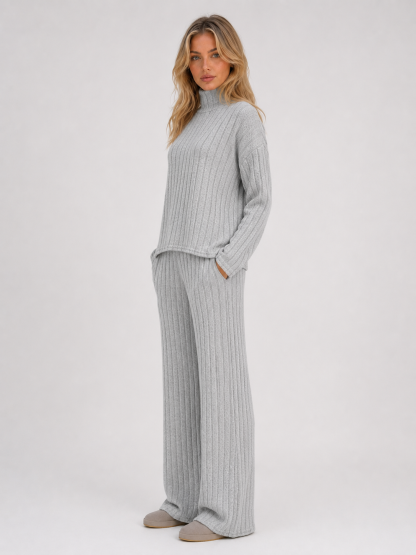 Selma Roll Neck Ribbed Knit Lounge Set - Gray
