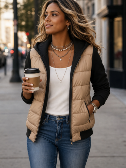 Sian Quilted Puffer Knit Sleeve Jacket - Black