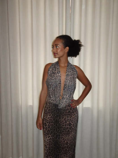 Gray leopard halter maxi dress with open back and deep V-neckline