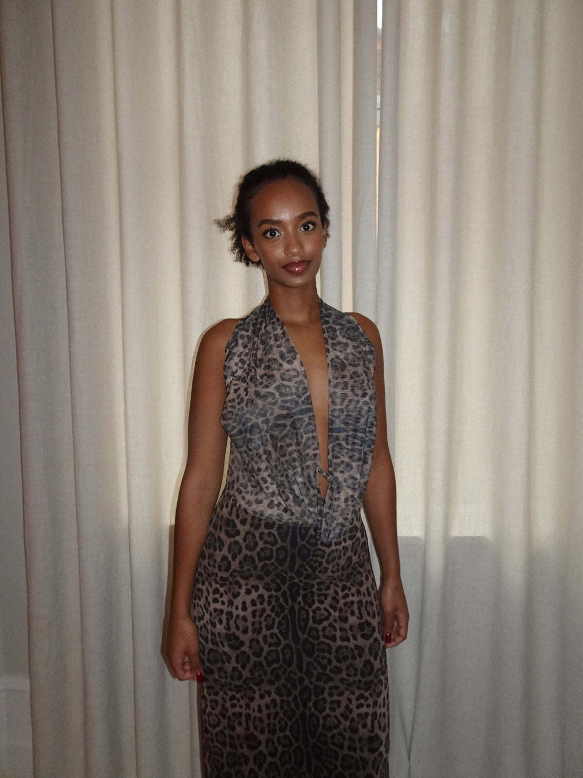 Gray leopard print maxi dress with backless halter tie and floor length