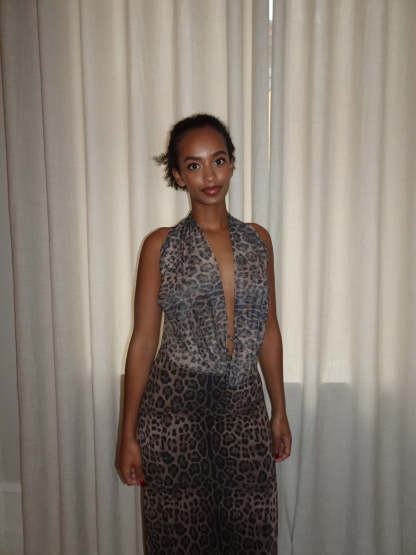 Gray leopard print maxi dress with backless halter tie and floor length