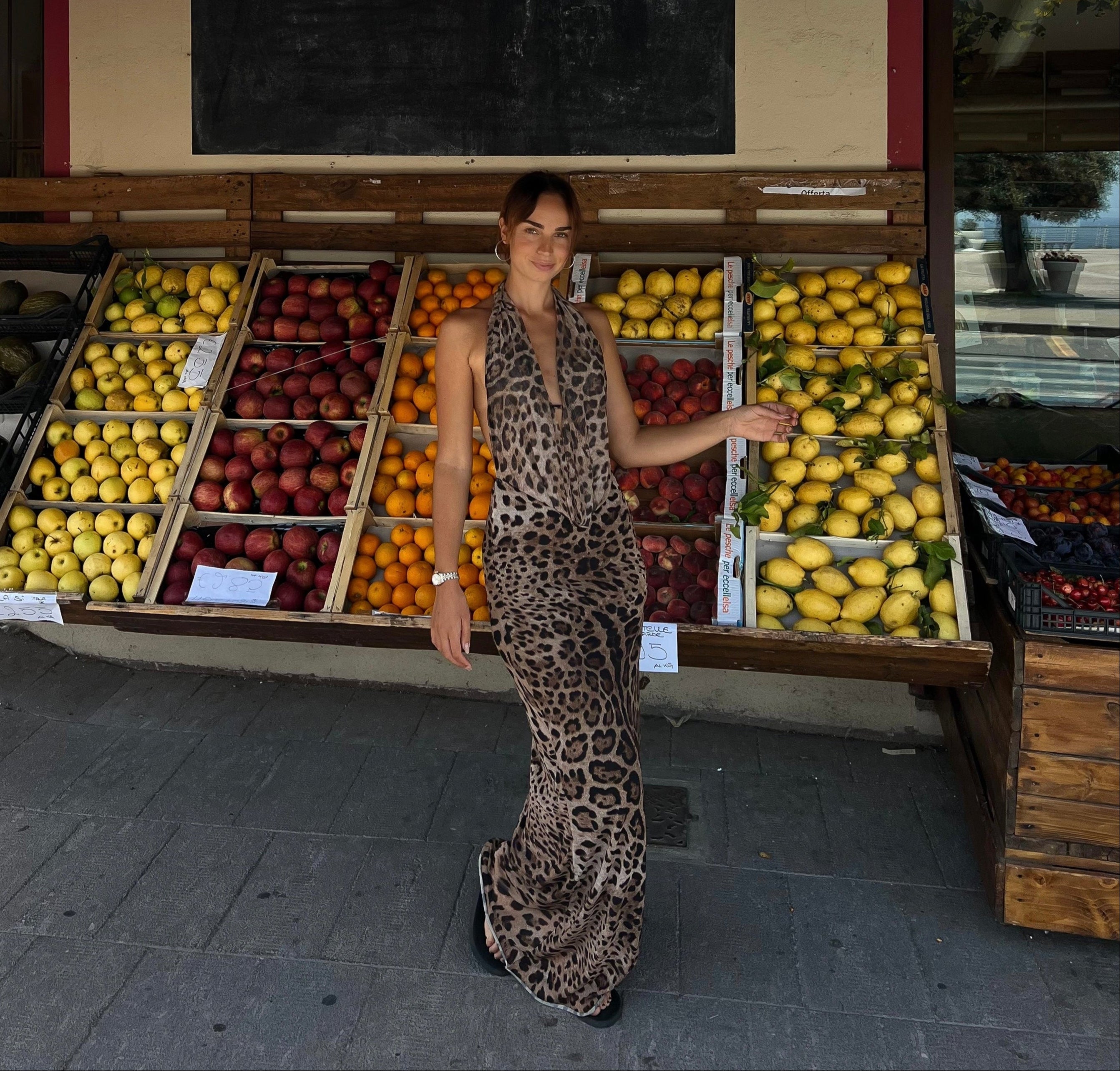 Brown leopard print maxi dress with halter neckline, full length view