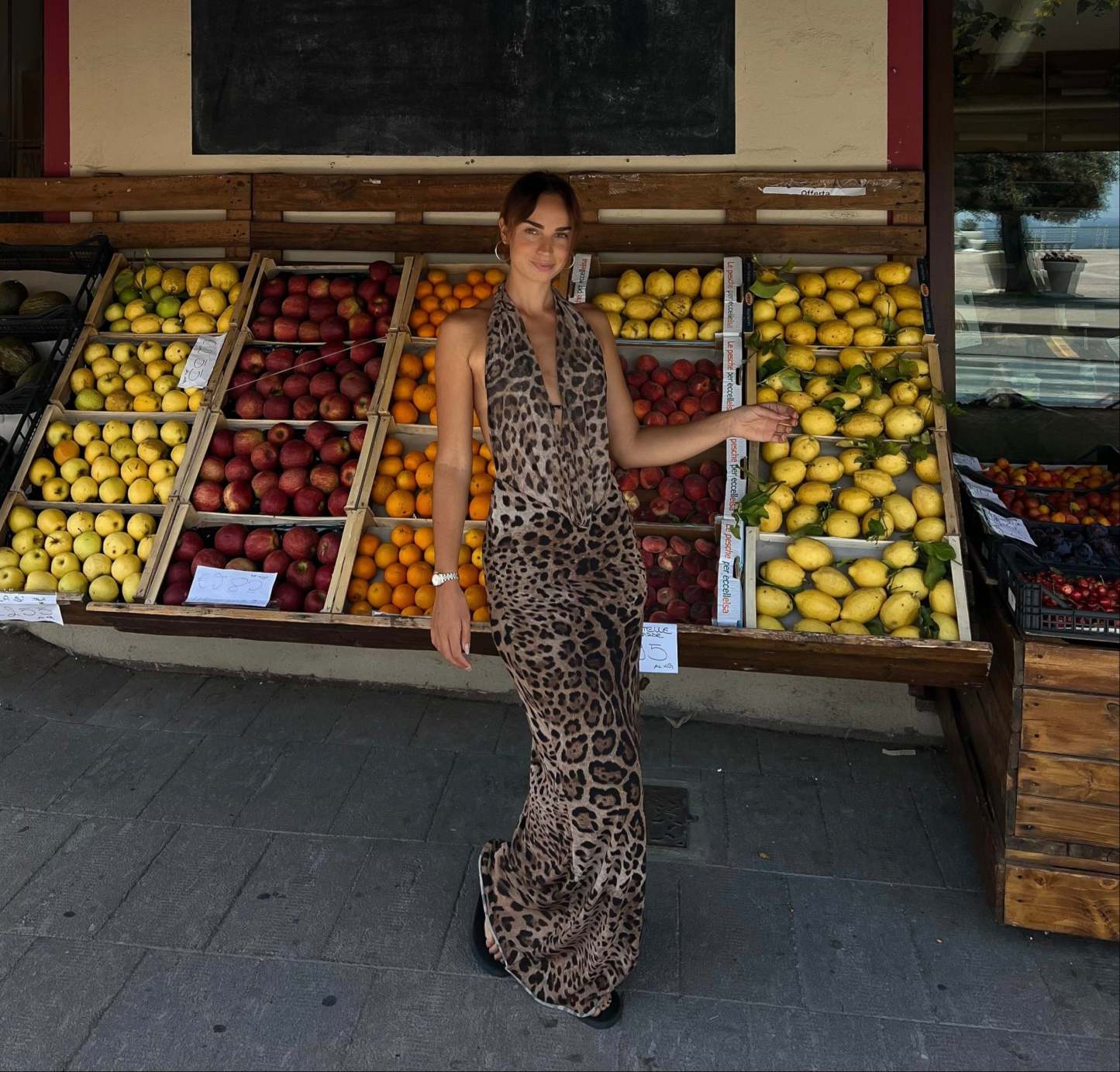 Brown leopard print maxi dress with halter neckline, full length view