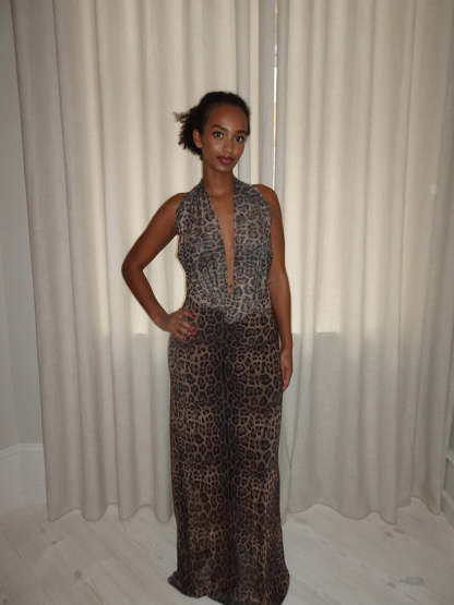 Leopard print halter maxi dress with plunging neckline, front view