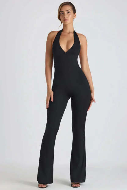 Black halter backless maxi jumpsuit with V-neckline and flared legs