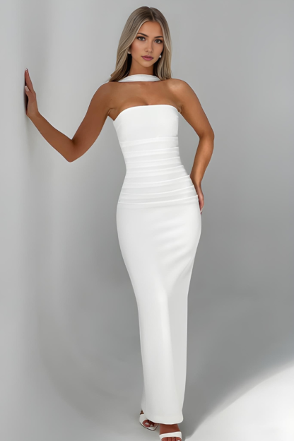 White strapless bodycon maxi dress with ruched waist and choker collar detail