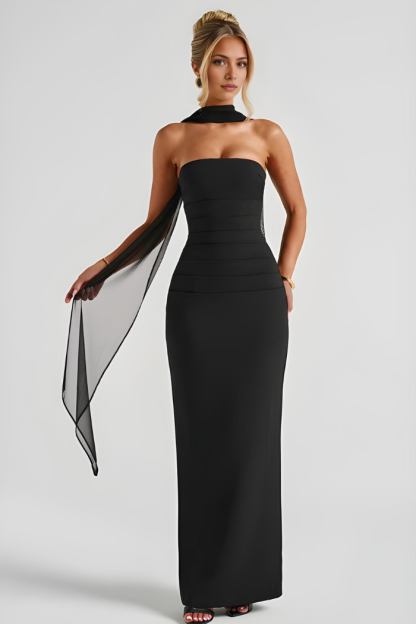 Black strapless bodycon maxi dress with sheer mesh overlay and choker neckline
