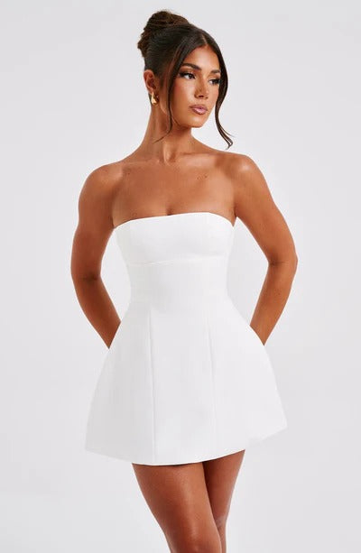 White strapless bubble mini dress with fitted bodice and flared skirt
