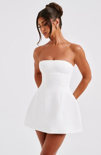 White strapless bubble dress with structured waistline and A-line skirt