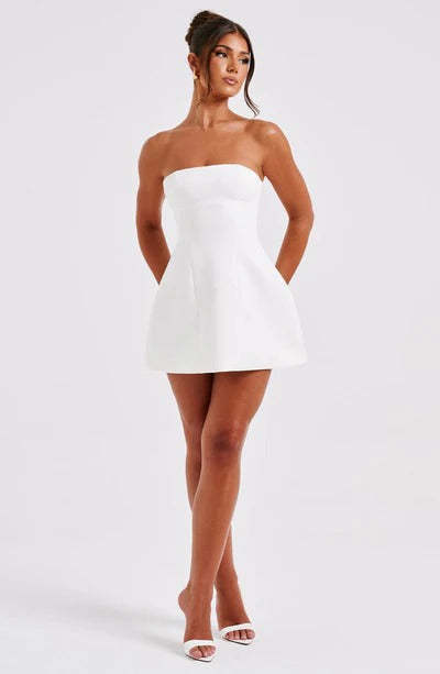 White strapless bubble mini dress with structured fit and flared hem
